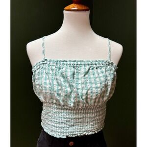 American Eagle Blue & White Gingham Smocked‎ Cropped Tank Women's L
